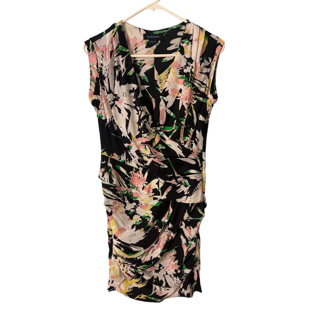 Marciano by Guess Floral Ruched Sheath Dress 6 Black Pink Faux Wrap Cocktail - Picture 1 of 6